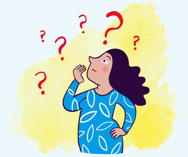 Illustration: Frau, umgeben von Fragezeichen.
